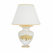 настольная лампа с круглым абажуром на белом основании