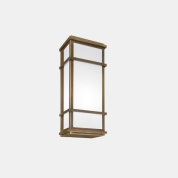 уличный настенный светильник с прямоугольным корпусом белого цвета и латунными вставками