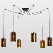 люстра с металлическими цилиндрическими плафонами на подвесах различной длины
