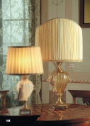 настольная лампа с золотистой ножкой и тканевым абажуром