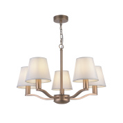 люстра с пятью текстильными абажурами на каркасе золотистого цвета