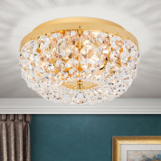 потолочная люстра с тремя декоративными кристальными чашами и золотистой оправой