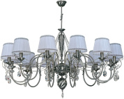 двенадцатирожковая подвесная люстра с тканевыми абажурами и декоративными подвесами