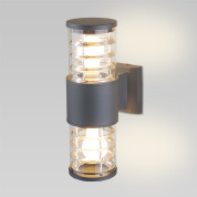 уличный настенный светильник с цилиндрическим стеклянным плафоном и металлическим корпусом