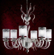 шестиламповая люстра с матовыми цилиндрическими плафонами и фигурными стеклянными элементами