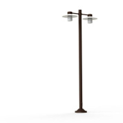 двухрожковый фонарный уличный светильник с прозрачными плафонами и коричневой опорой