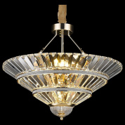 многоярусная люстра с прозрачными кристаллами и позолоченными элементами