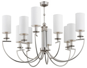 подвесная люстра с множеством рожков и цилиндрическими абажурами на металлической арматуре