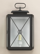 настенный фонарь прямоугольной формы с прозрачным стеклом и чёрным металлическим корпусом