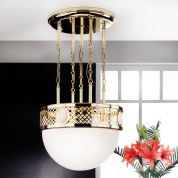 подвесной светильник с глянцевым опаловым плафоном и ажурной золотистой арматурой