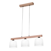 люстра с тремя белыми плафонами на деревянной планке