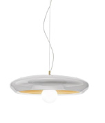подвесной светильник с плоским круглым корпусом и центральной сферой из матового стекла