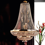 подвесная хрустальная люстра в форме вытянутой корзины на металлическом каркасе