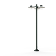 двухрожковый уличный фонарный светильник с прозрачными плафонами и чёрной опорой