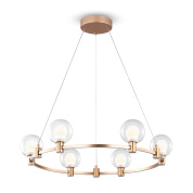 подвесная люстра на шести плафонах из прозрачного стекла с матовой золотой рамой