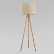 напольный торшер на деревянной треноге с цилиндрическим текстильным абажуром