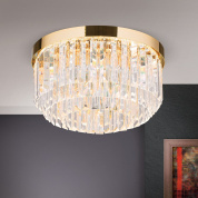 накладной потолочный хрустальный светильник с многоярусными продольными стеклянными подвесами в золотистом исполнении