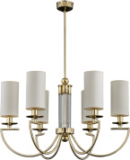 подвесная люстра с шестью рожками и светлыми цилиндрическими абажурами