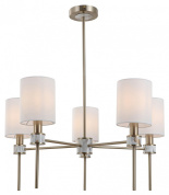 люстра на штанге с пятью матовыми цилиндрическими абажурами на латунной конструкции