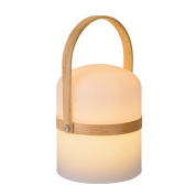 уличная настольная лампа с округлым корпусом и ручкой для переноски