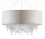 подвесная люстра с широким текстильным абажуром и нижним каскадом хрустальных подвесок