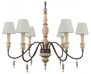 подвесная люстра с пятью тканевыми абажурами на деревянной раме