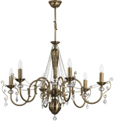 шестирожковая подвесная люстра с рожками под свечу и стеклянными подвесами