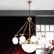 подвесная люстра с девятью опаловыми сферическими плафонами и центральным шаром