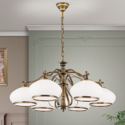 шестирожковая подвесная люстра с опаловыми купольными плафонами на патинированном основании