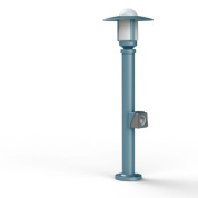 садовый светильник голубого цвета с прозрачным куполом и розеткой