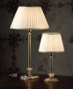 настольная лампа с высоким резным основанием и цилиндрическим текстильным абажуром