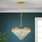 подвесной светильник с каскадом хрустальных подвесок на золотистой цилиндрической оправе