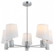 люстра на штанге с пятью абажурами из белого текстиля на хромированной раме