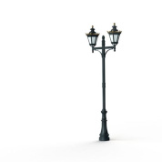 двухрожковый уличный фонарь на высокой опоре с куполообразными плафонами зелёного оттенка