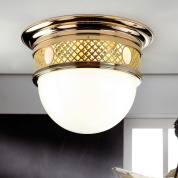 накладной потолочный светильник с опаловым полусферическим плафоном и золотистой перфорированной короной