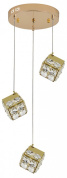 трехламповый подвесной светильник с кубическими плафонами на золотистой арматуре