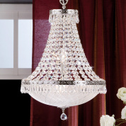 потолочная хрустальная люстра каскадного типа с шестью рожками в оттенке старого серебра