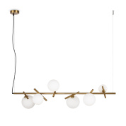 подвесной светильник с шестью матовыми плафонами-шарами на латунной конструкции