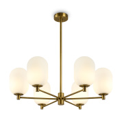 подвесная люстра с пятью матовыми плафонами на латунной арматуре
