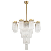 подвесная многоярусная люстра с множеством цилиндрических стеклянных модулей