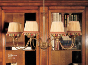 подвесная люстра с тремя текстильными абажурами и декоративными дугами