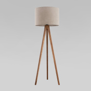 напольный светильник на деревянной треноге с цилиндрическим текстильным абажуром