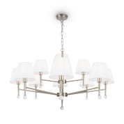 подвесная люстра с множеством абажуров из ткани на никелевой арматуре