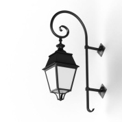 настенный уличный фонарь на изогнутом кронштейне с прозрачным плафоном и черным корпусом