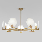 шестирожковая потолочная люстра с многогранными каменными абажурами на латунных штангах