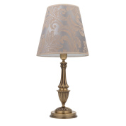 настольная лампа с тканевым фигурным абажуром на резном основании