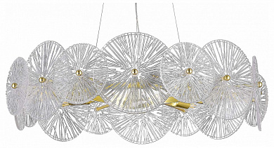 подвесная люстра с множеством рельефных стеклянных элементов на золотой арматуре