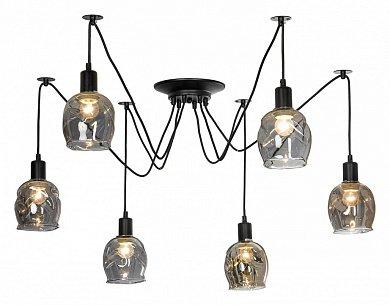 подвесная люстра с дымчатыми стеклянными плафонами на черной арматуре