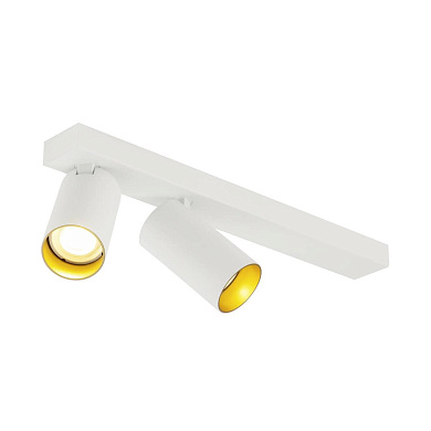 двухламповый потолочный светильник бело-золотого цвета с продолговатой основой