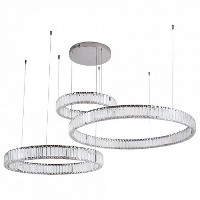 многоуровневая подвесная люстра с несколькими кольцевыми модулями из стекла